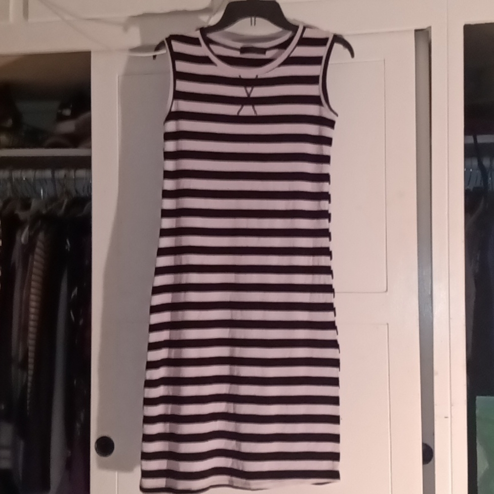 Black Label Midi Luxury Black&Tan Stripe Tank Beach/Pool Drying Cover-Up Dress
